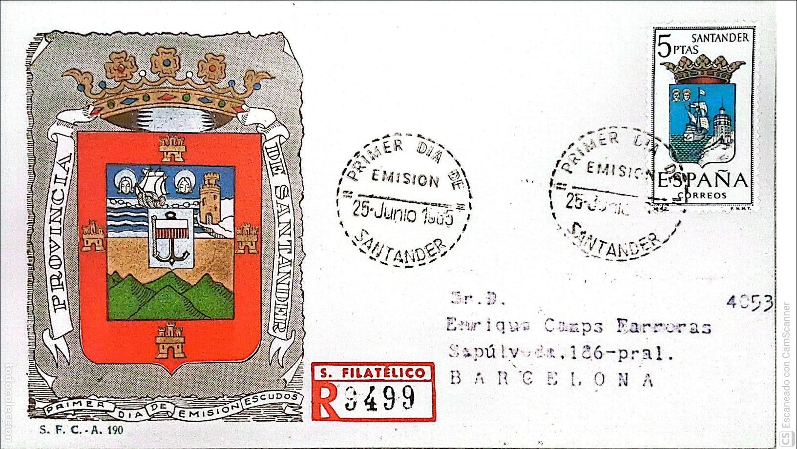 Sellos: Espa&ntilde;a. SPD 1636 Escudo de Santander. Matasello Primer D&iacute;a 25-Junio. 1965 Santander. Numeraci&oacute;n Edif