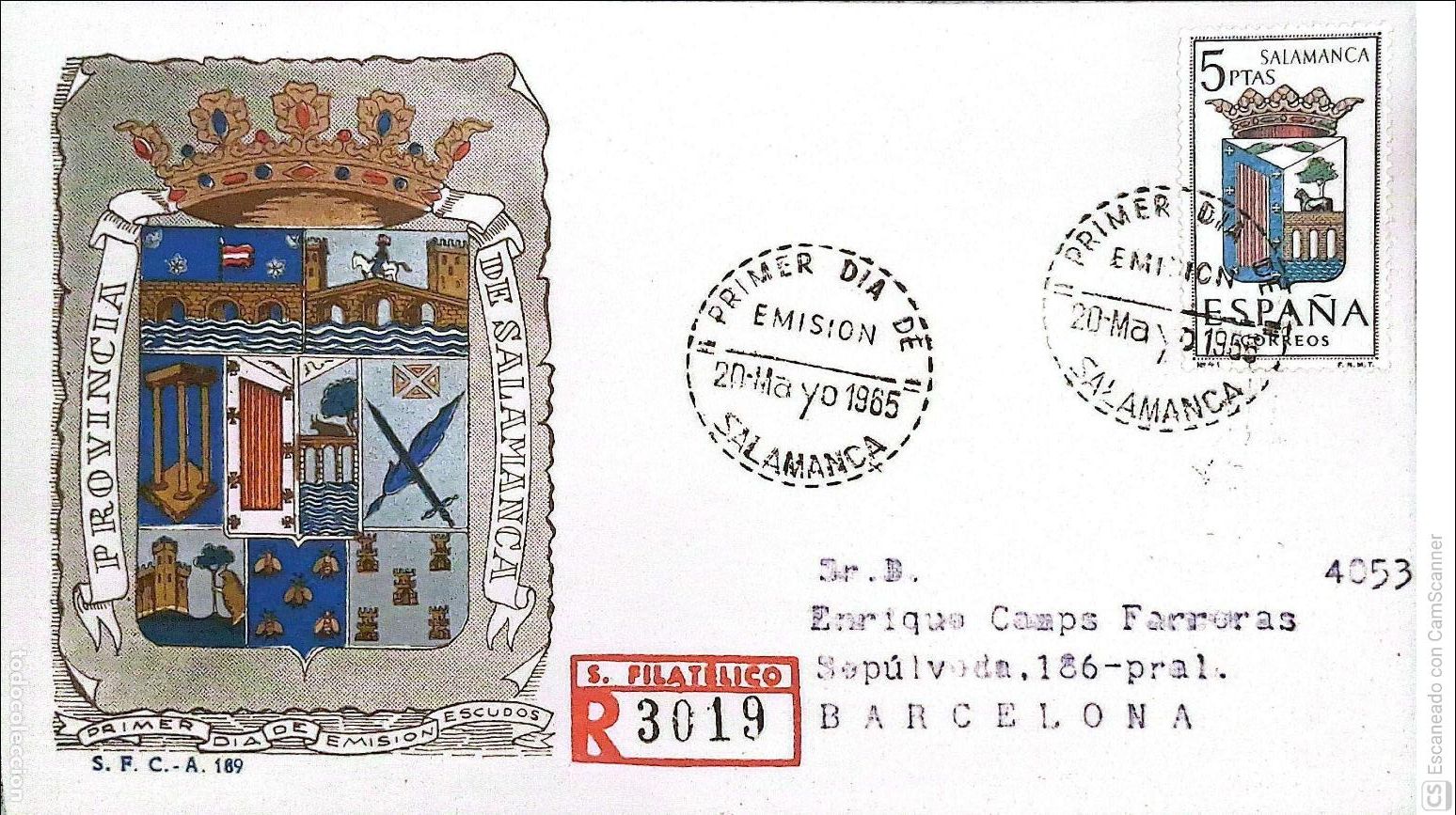 Sellos: Espa&ntilde;a. SPD 1635 Escudo de Salamanca. Matasello Primer D&iacute;a 20-Mayo. 1965 Salamanca. Numeraci&oacute;n Edifi