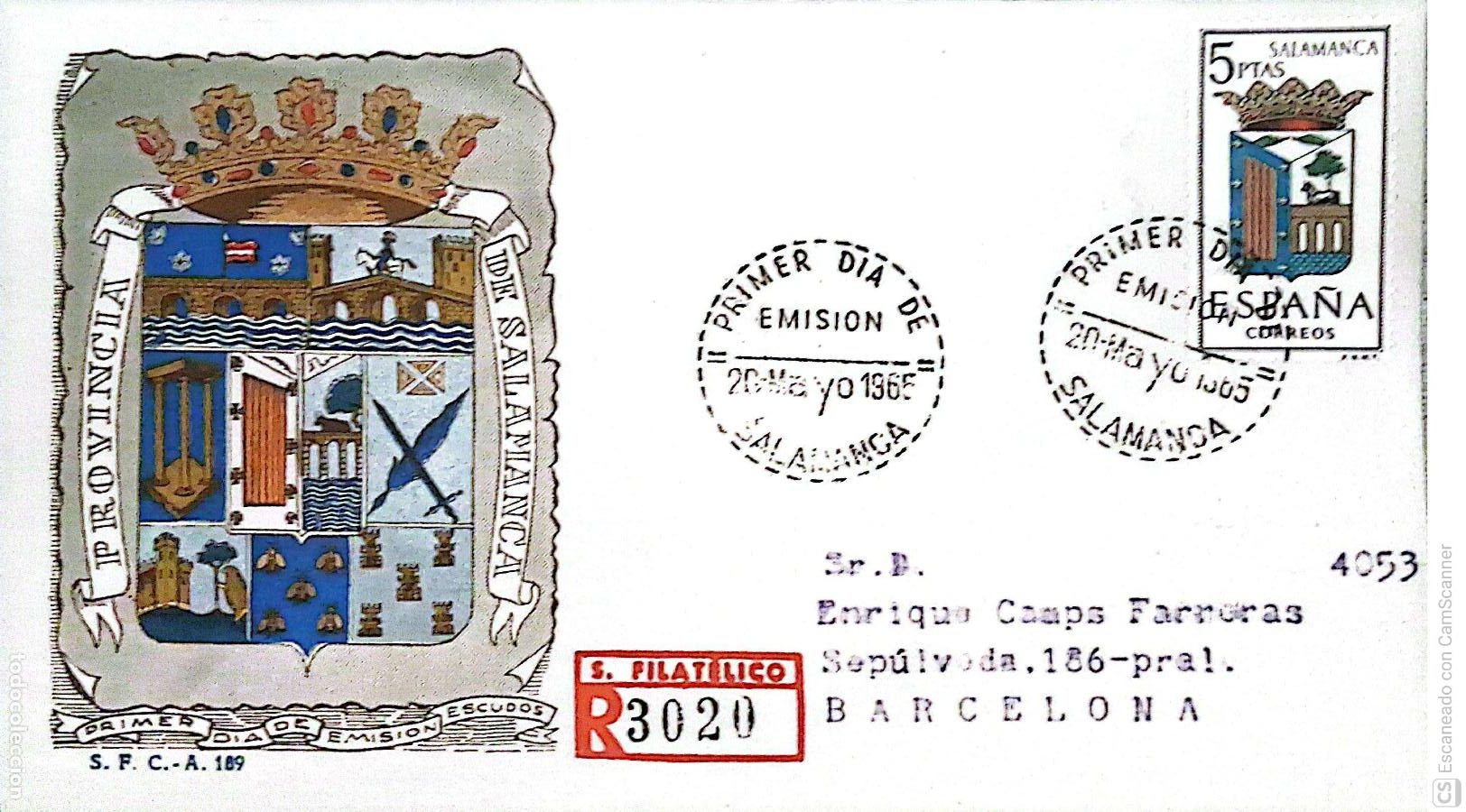 Sellos: Espa&ntilde;a. SPD 1635 Escudo de Salamanca. Matasello Primer D&iacute;a 20-Mayo. 1965 Salamanca. Numeraci&oacute;n Edifi