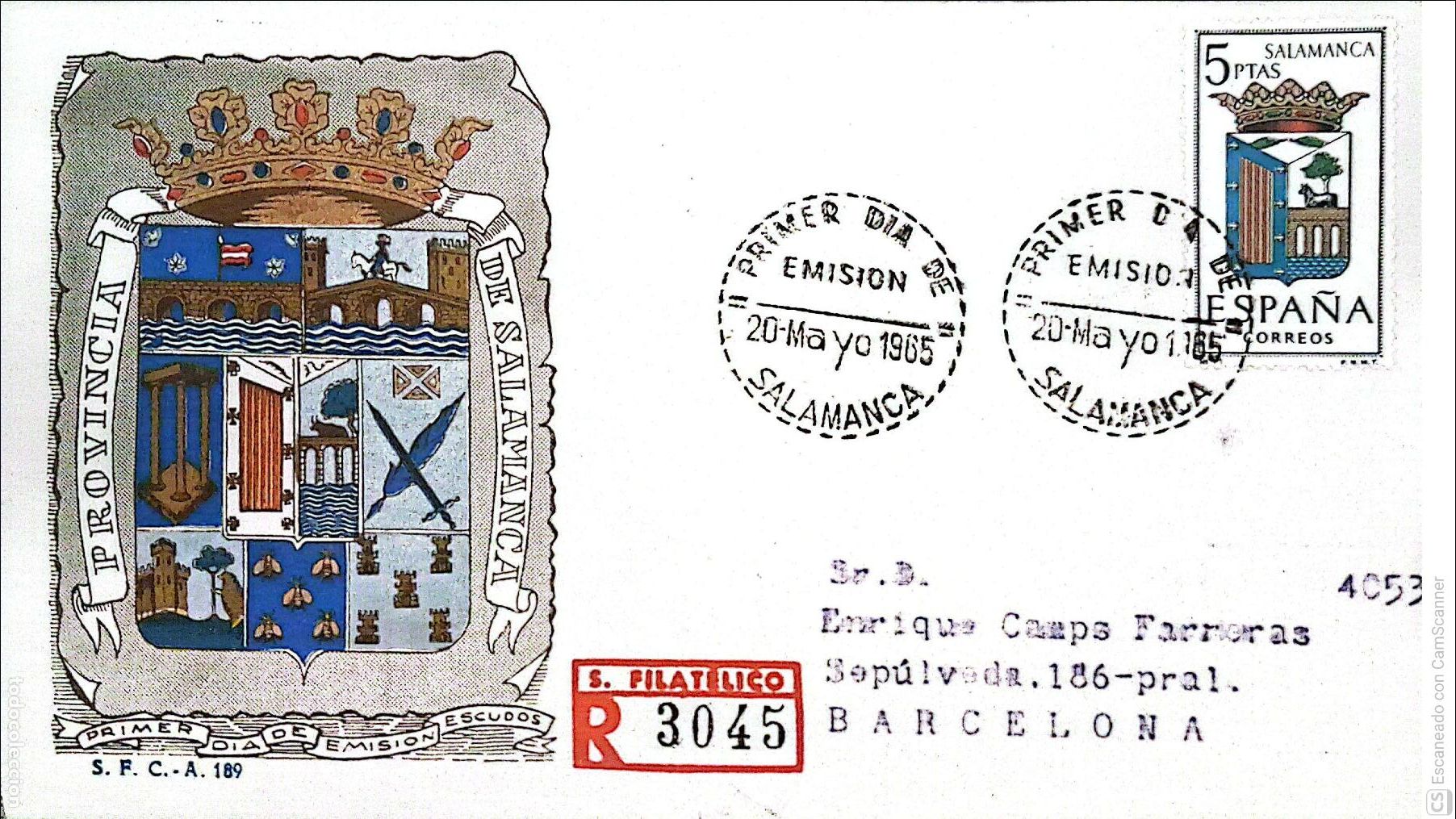 Sellos: Espa&ntilde;a. SPD 1635 Escudo de Salamanca. Matasello Primer D&iacute;a 20-Mayo. 1965 Salamanca. Numeraci&oacute;n Edifi