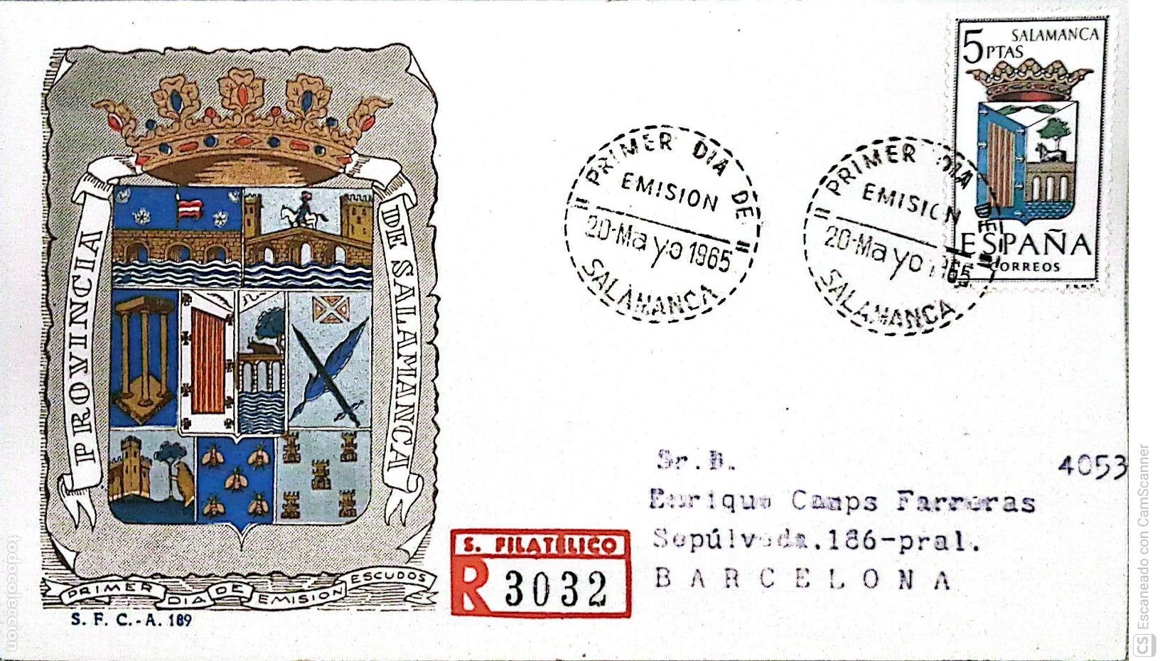 Sellos: Espa&ntilde;a. SPD 1635 Escudo de Salamanca. Matasello Primer D&iacute;a 20-Mayo. 1965 Salamanca. Numeraci&oacute;n Edifi