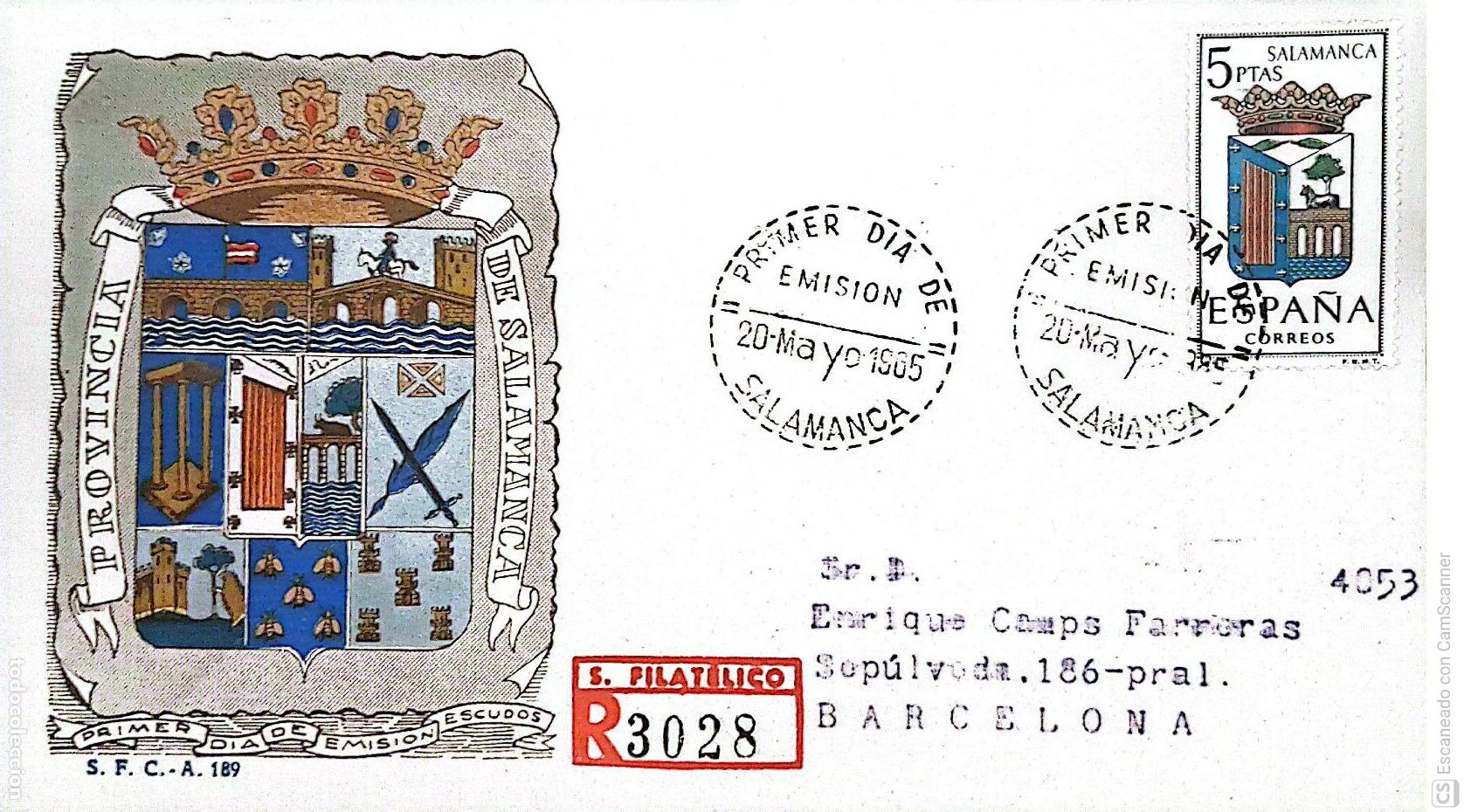 Sellos: Espa&ntilde;a. SPD 1635 Escudo de Salamanca. Matasello Primer D&iacute;a 20-Mayo. 1965 Salamanca. Numeraci&oacute;n Edifi