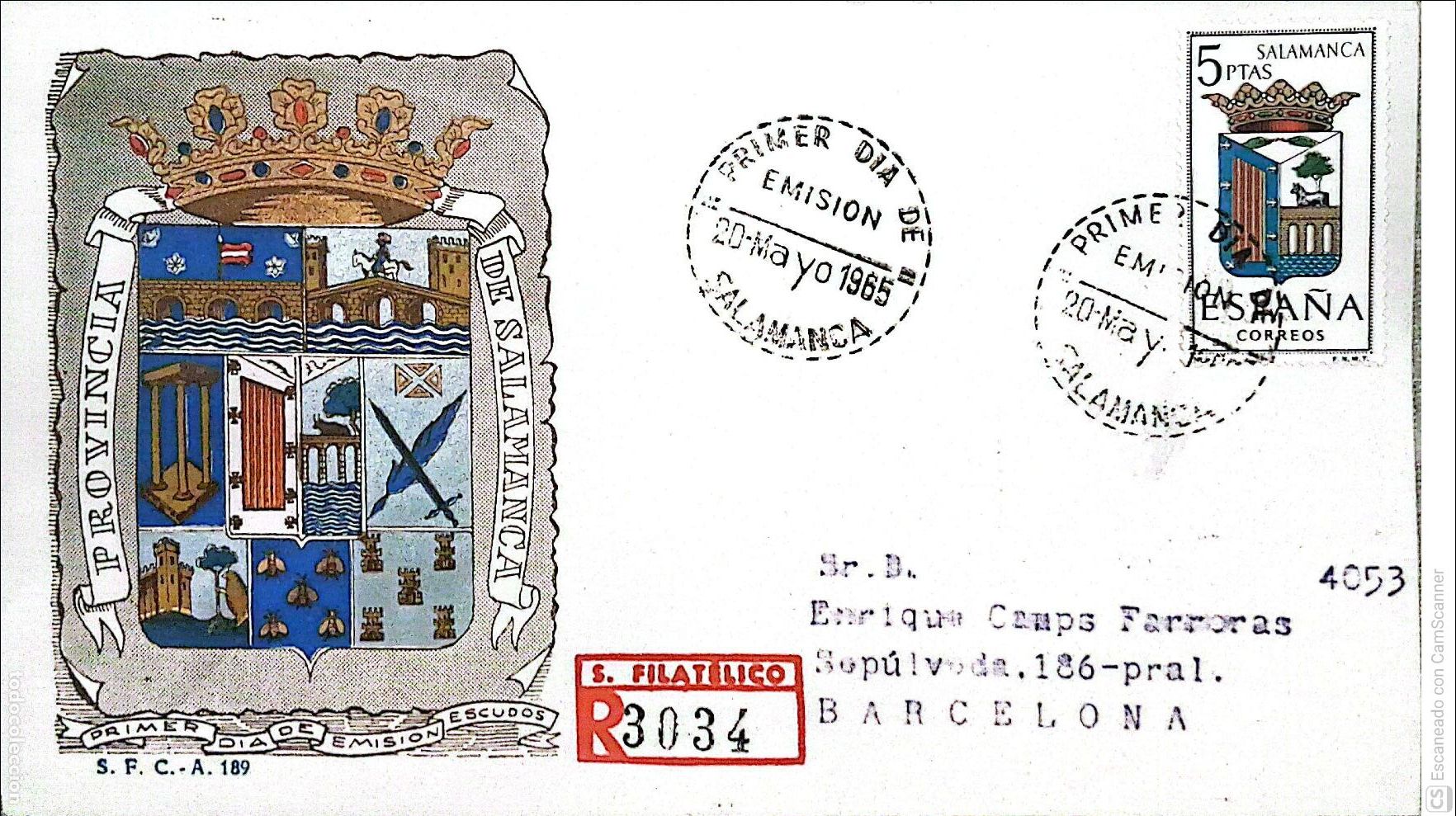 Sellos: Espa&ntilde;a. SPD 1635 Escudo de Salamanca. Matasello Primer D&iacute;a 20-Mayo. 1965 Salamanca. Numeraci&oacute;n Edifi