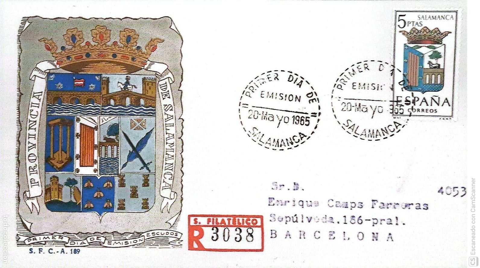 Sellos: Espa&ntilde;a. SPD 1635 Escudo de Salamanca. Matasello Primer D&iacute;a 20-Mayo. 1965 Salamanca. Numeraci&oacute;n Edifi