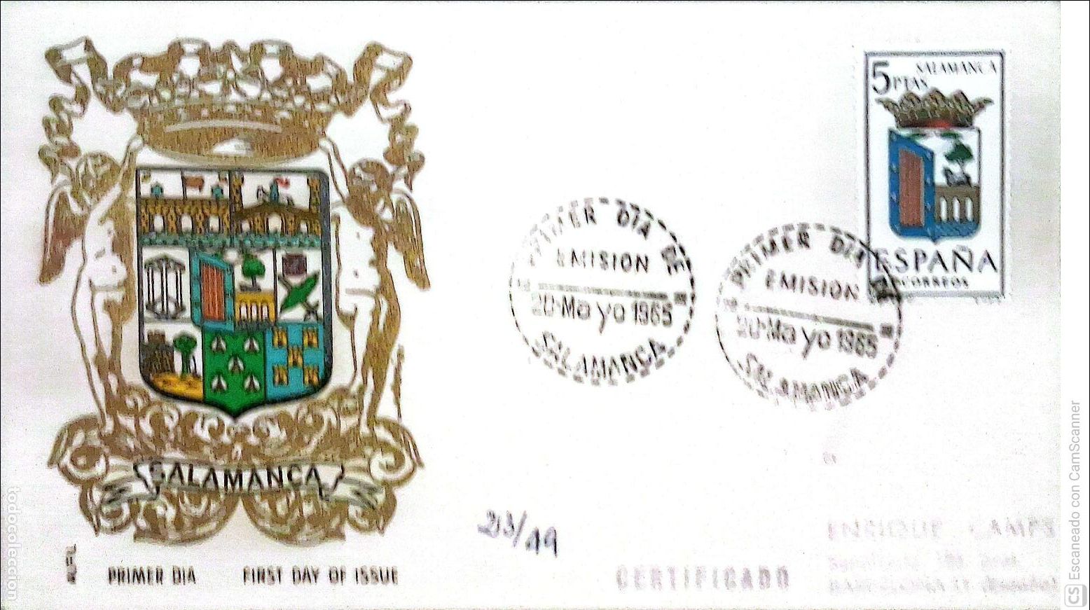 Sellos: Espa&ntilde;a. SPD 1635 Escudo de Salamanca. Matasello Primer D&iacute;a 20-Mayo. 1965 Salamanca. Numeraci&oacute;n Edifi