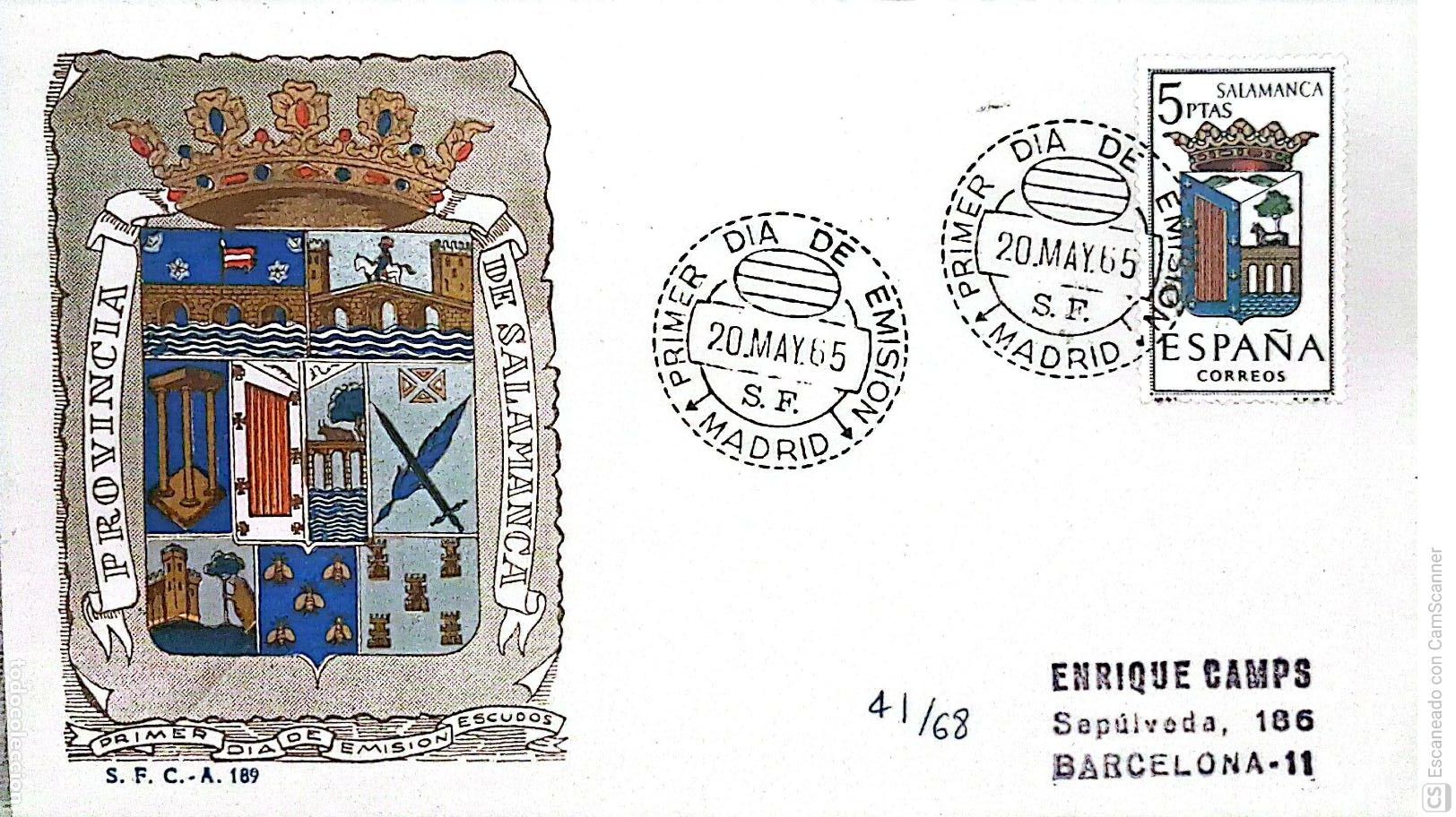 Sellos: Espa&ntilde;a. SPD 1635 Escudo de Salamanca. Matasello Primer D&iacute;a 20-Mayo. 1965 Madrid. Numeraci&oacute;n Edifil.