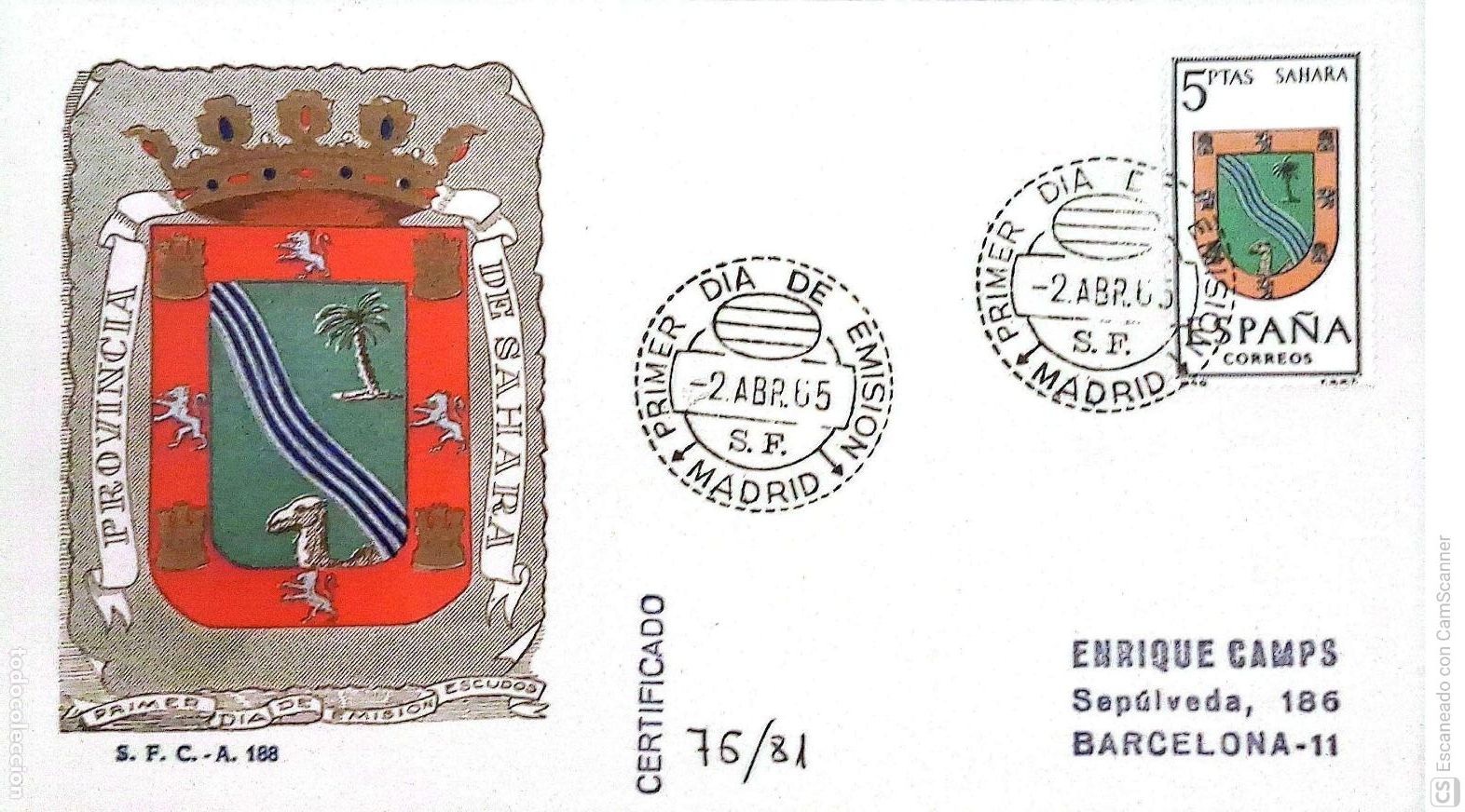 Sellos: Espa&ntilde;a. SPD 1634 Escudo del Sahara. Matasello Primer D&iacute;a 2-Abr. 1965 Madrid. Numeraci&oacute;n Edifil.
