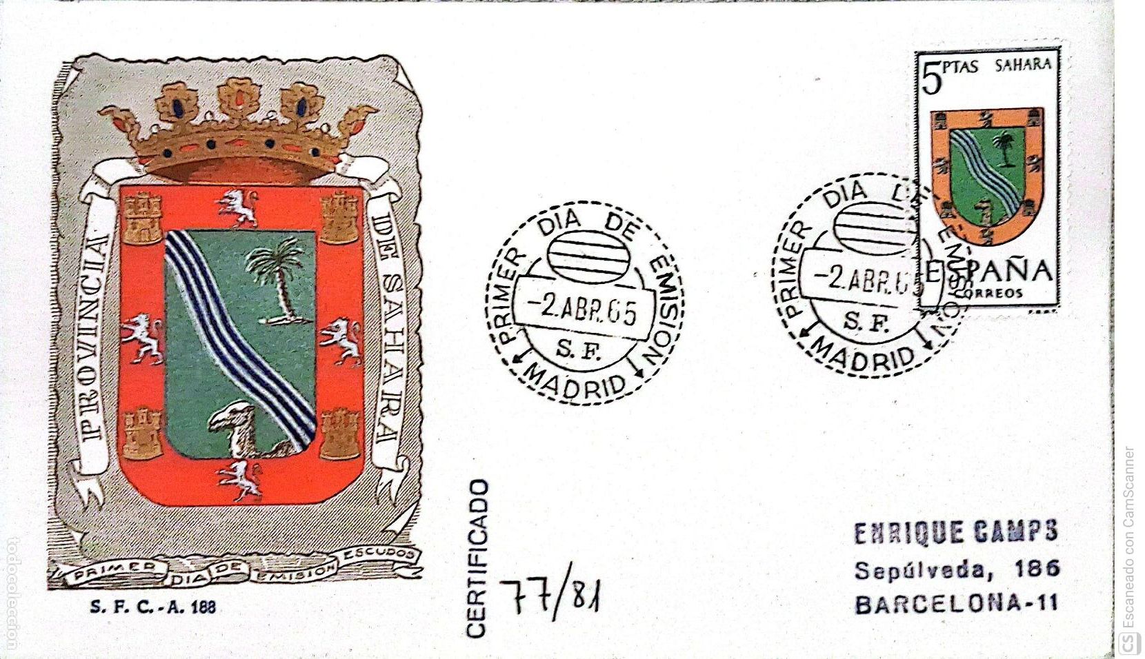 Sellos: Espa&ntilde;a. SPD 1634 Escudo del Sahara. Matasello Primer D&iacute;a 2-Abr. 1965 Madrid. Numeraci&oacute;n Edifil.