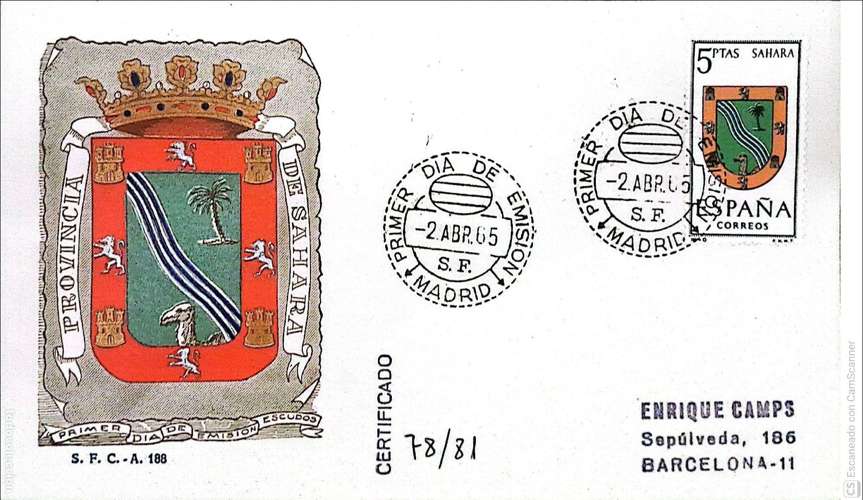 Sellos: Espa&ntilde;a. SPD 1634 Escudo del Sahara. Matasello Primer D&iacute;a 2-Abr. 1965 Madrid. Numeraci&oacute;n Edifil.