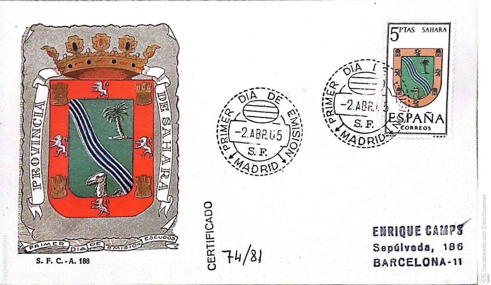 Sellos: Espa&ntilde;a. SPD 1634 Escudo del Sahara. Matasello Primer D&iacute;a 2-Abr. 1965 Madrid. Numeraci&oacute;n Edifil.