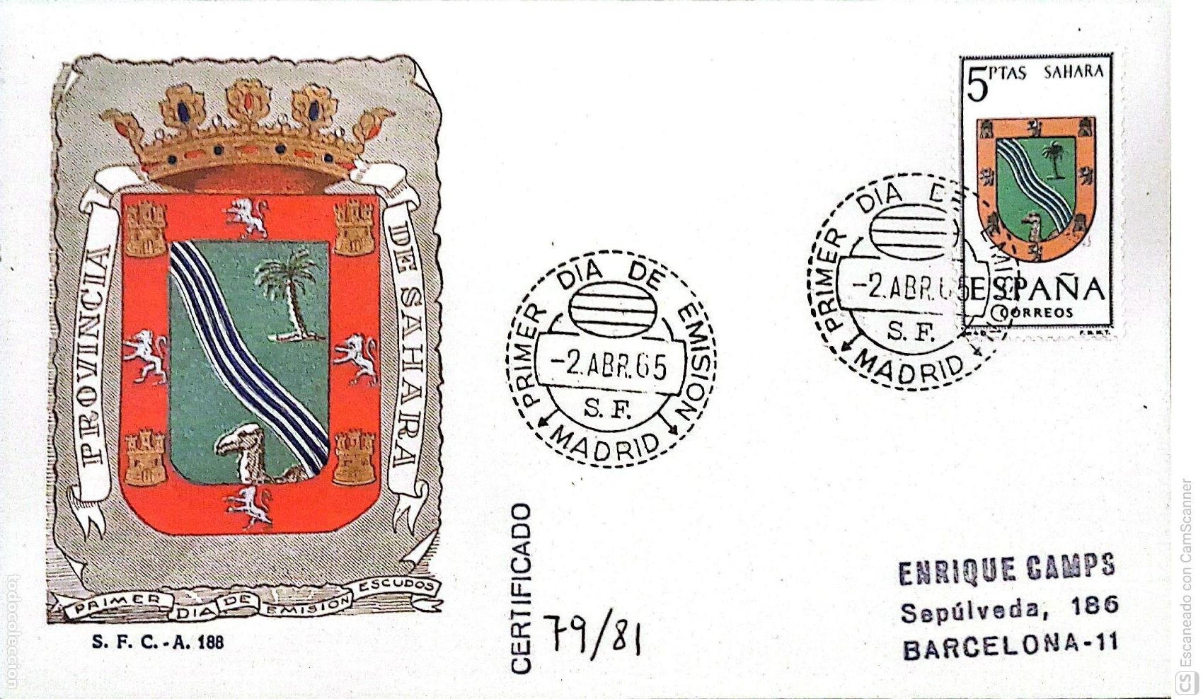 Sellos: Espa&ntilde;a. SPD 1634 Escudo del Sahara. Matasello Primer D&iacute;a 2-Abr. 1965 Madrid. Numeraci&oacute;n Edifil.