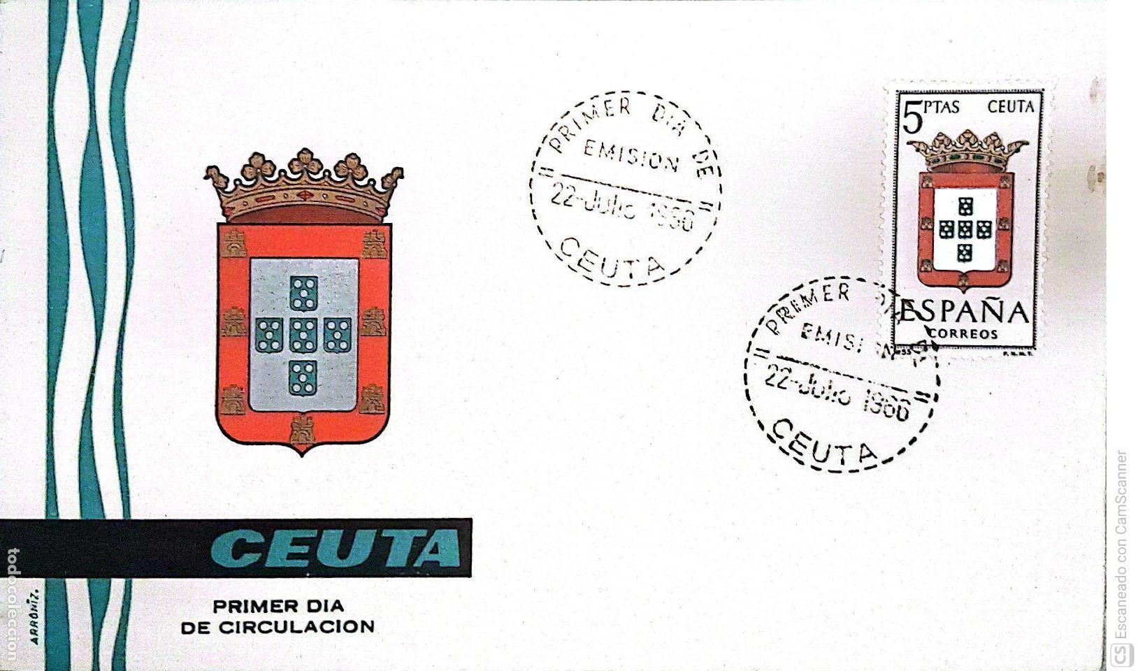 Sellos: Espa&ntilde;a. SPD 1702 Escudo de Ceuta. Matasello Primer D&iacute;a 22-Julio. 1966 Ceuta. Numeraci&oacute;n Edifil.