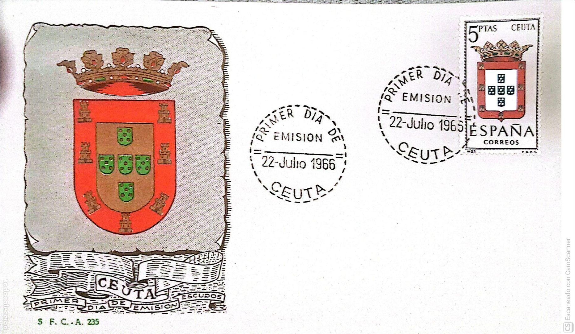 Sellos: Espa&ntilde;a. SPD 1702 Escudo de Ceuta. Matasello Primer D&iacute;a 22-Julio. 1966 Ceuta. Numeraci&oacute;n Edifil.
