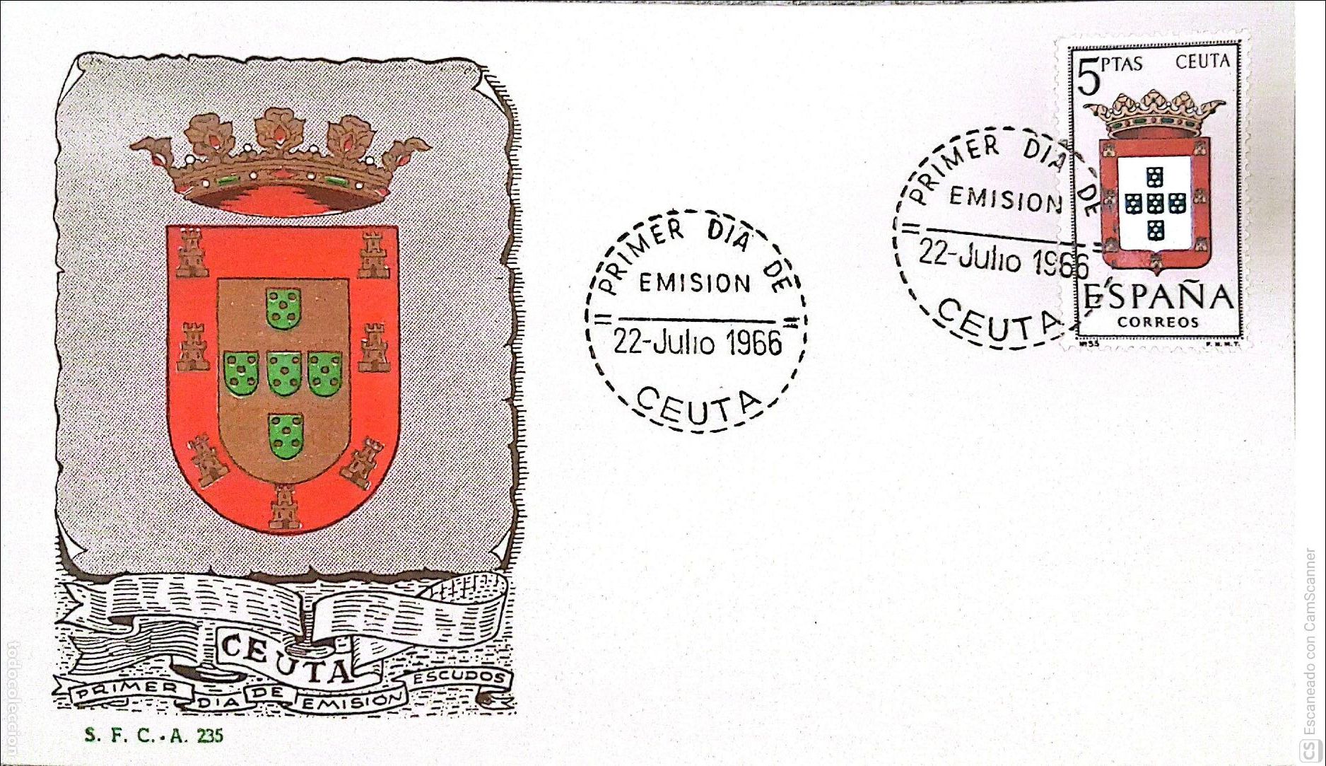 Sellos: Espa&ntilde;a. SPD 1702 Escudo de Ceuta. Matasello Primer D&iacute;a 22-Julio. 1966 Ceuta. Numeraci&oacute;n Edifil.