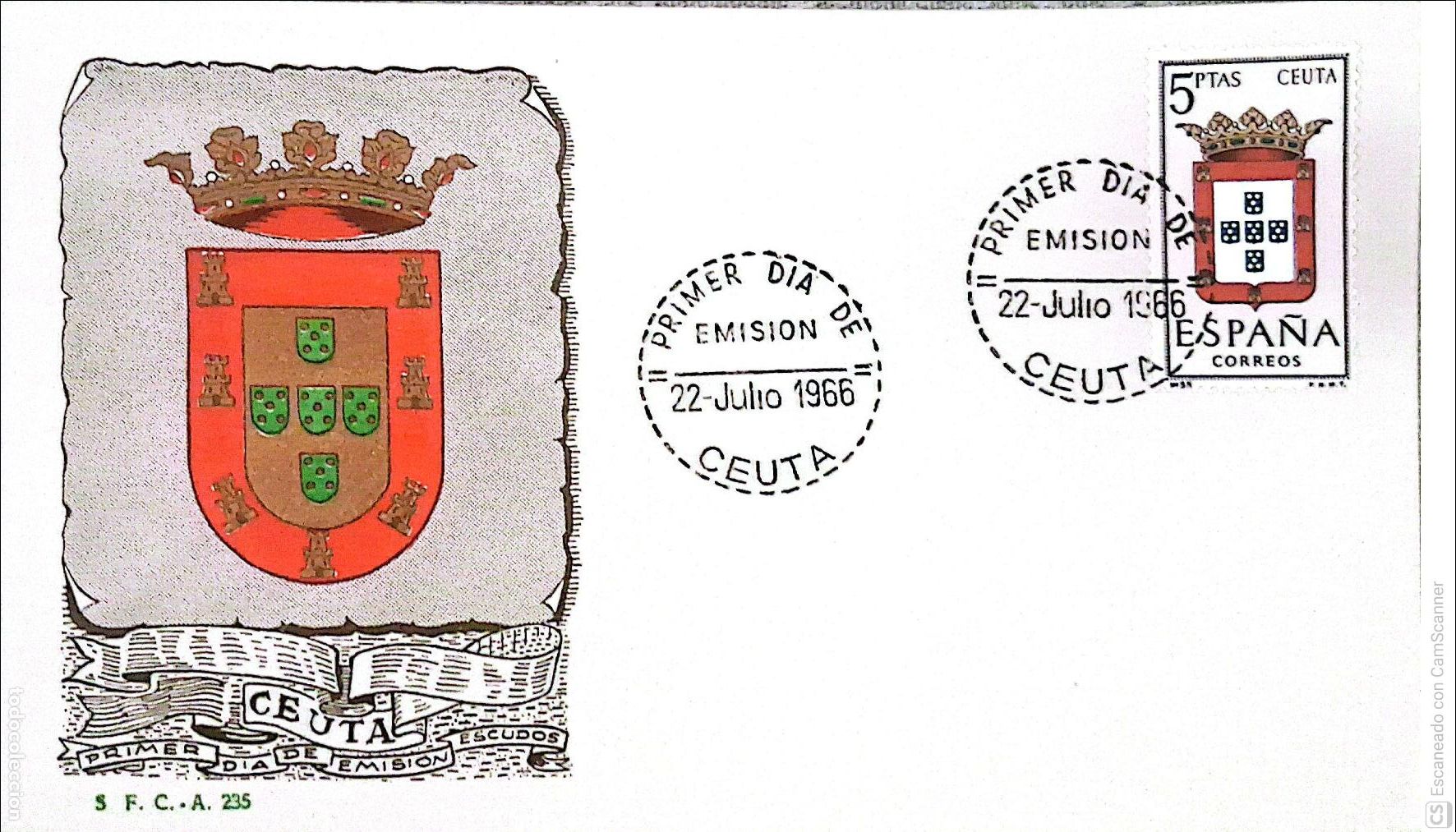 Sellos: Espa&ntilde;a. SPD 1702 Escudo de Ceuta. Matasello Primer D&iacute;a 22-Julio. 1966 Ceuta. Numeraci&oacute;n Edifil.