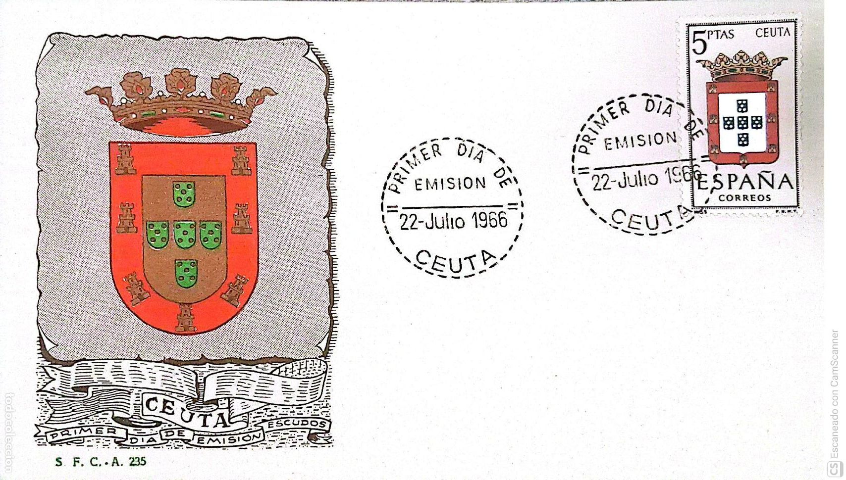 Sellos: Espa&ntilde;a. SPD 1702 Escudo de Ceuta. Matasello Primer D&iacute;a 22-Julio. 1966 Ceuta. Numeraci&oacute;n Edifil.