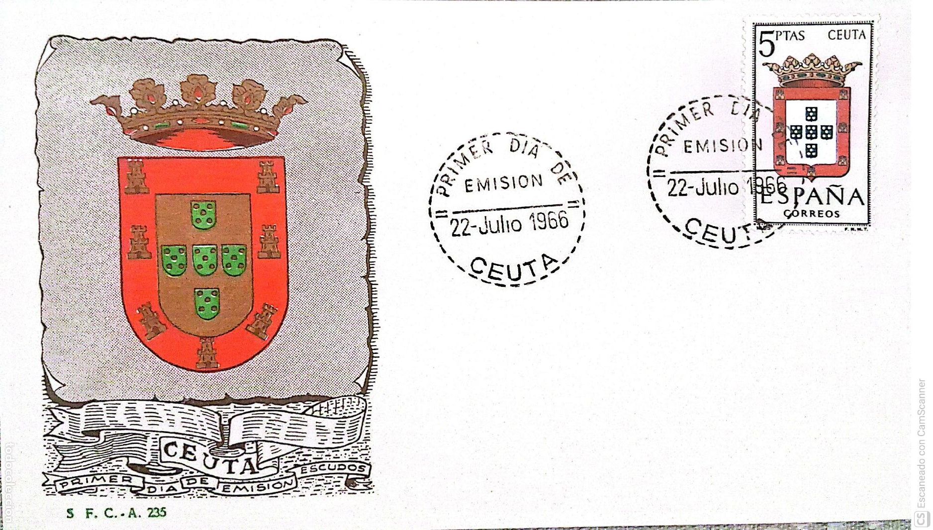 Sellos: Espa&ntilde;a. SPD 1702 Escudo de Ceuta. Matasello Primer D&iacute;a 22-Julio. 1966 Ceuta. Numeraci&oacute;n Edifil.
