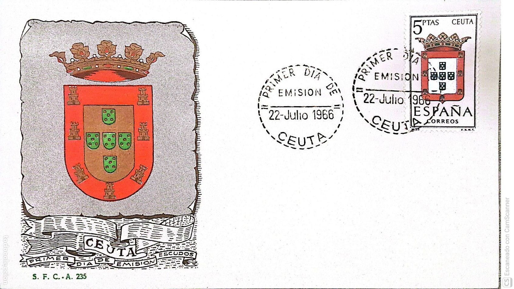 Sellos: Espa&ntilde;a. SPD 1702 Escudo de Ceuta. Matasello Primer D&iacute;a 22-Julio. 1966 Ceuta. Numeraci&oacute;n Edifil.