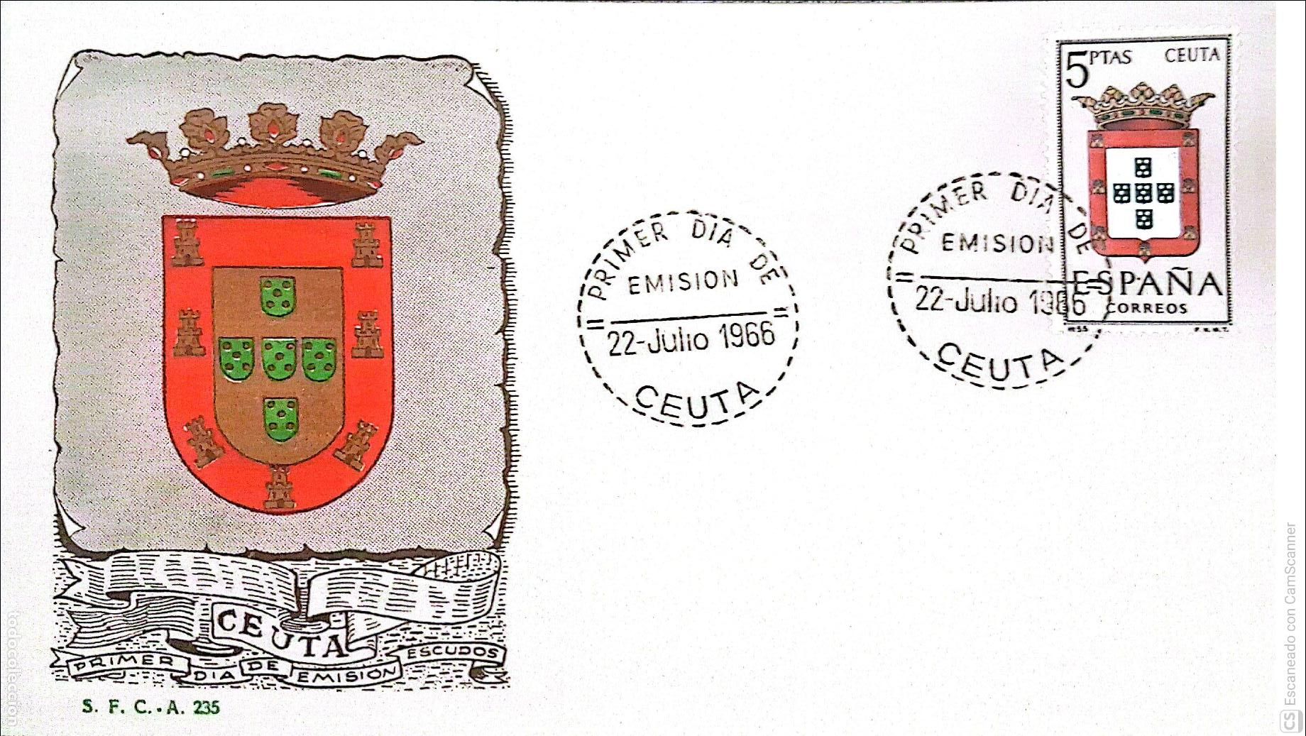 Sellos: Espa&ntilde;a. SPD 1702 Escudo de Ceuta. Matasello Primer D&iacute;a 22-Julio. 1966 Ceuta. Numeraci&oacute;n Edifil.