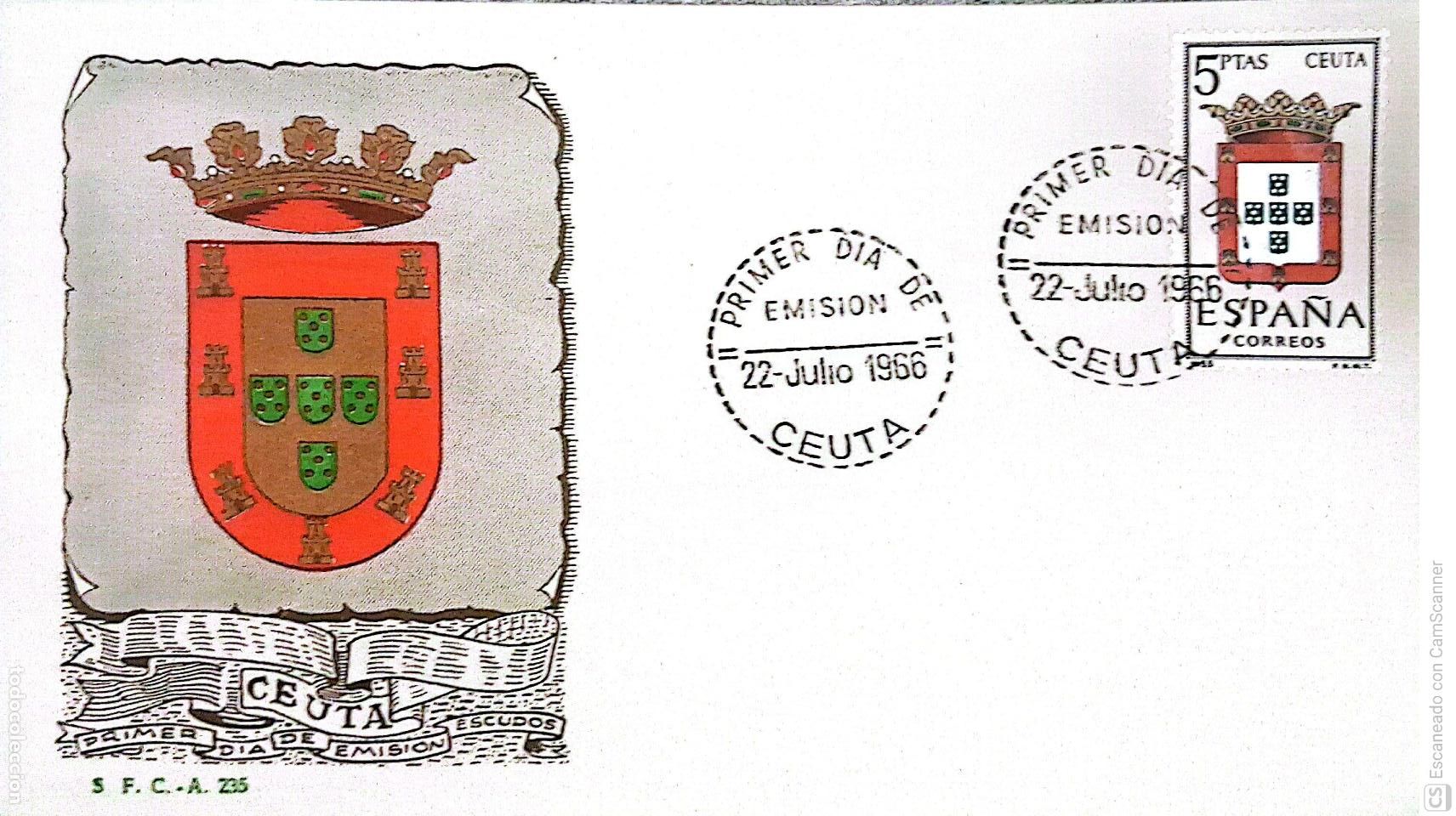 Sellos: Espa&ntilde;a. SPD 1702 Escudo de Ceuta. Matasello Primer D&iacute;a 22-Julio. 1966 Ceuta. Numeraci&oacute;n Edifil.