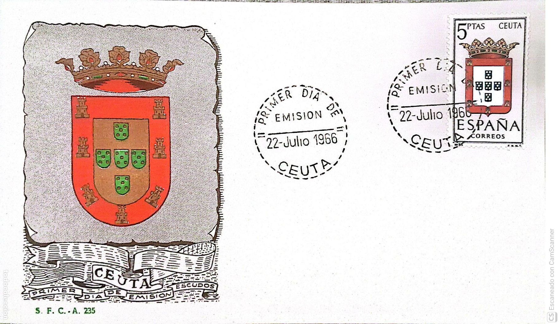 Sellos: Espa&ntilde;a. SPD 1702 Escudo de Ceuta. Matasello Primer D&iacute;a 22-Julio. 1966 Ceuta. Numeraci&oacute;n Edifil.