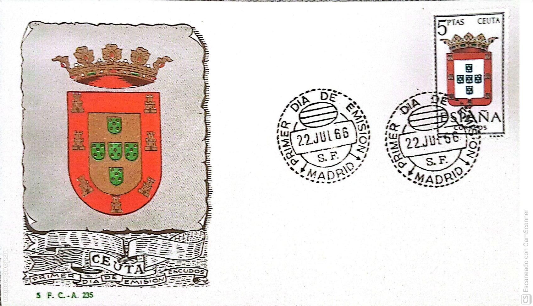 Sellos: Espa&ntilde;a. SPD 1702 Escudo de Ceuta. Matasello Primer D&iacute;a 22-Julio. 1966 Ceuta. Numeraci&oacute;n Edifil.