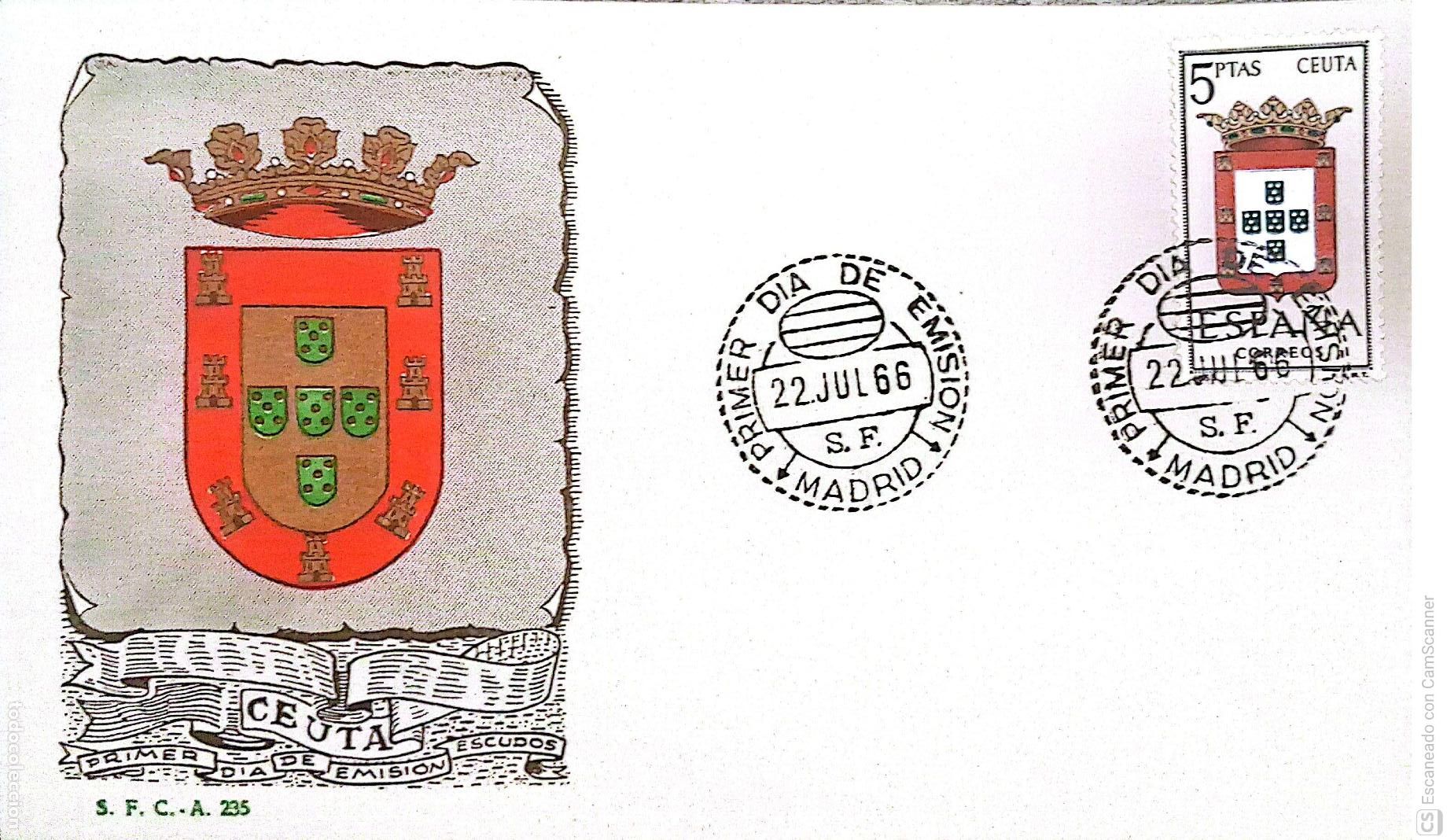 Sellos: Espa&ntilde;a. SPD 1702 Escudo de Ceuta. Matasello Primer D&iacute;a 22-Julio. 1966 Ceuta. Numeraci&oacute;n Edifil.