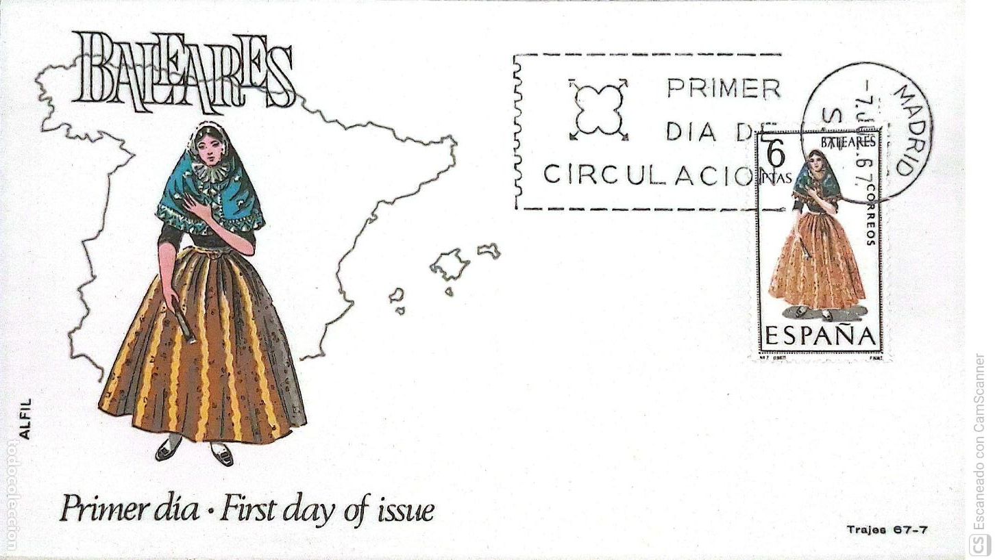 Sellos: Espa&ntilde;a. SPD 1773 Traje de Baleares. Matasello Primer D&iacute;a 7-Julio. 1967 Madrid. Numeraci&oacute;n Edifil.