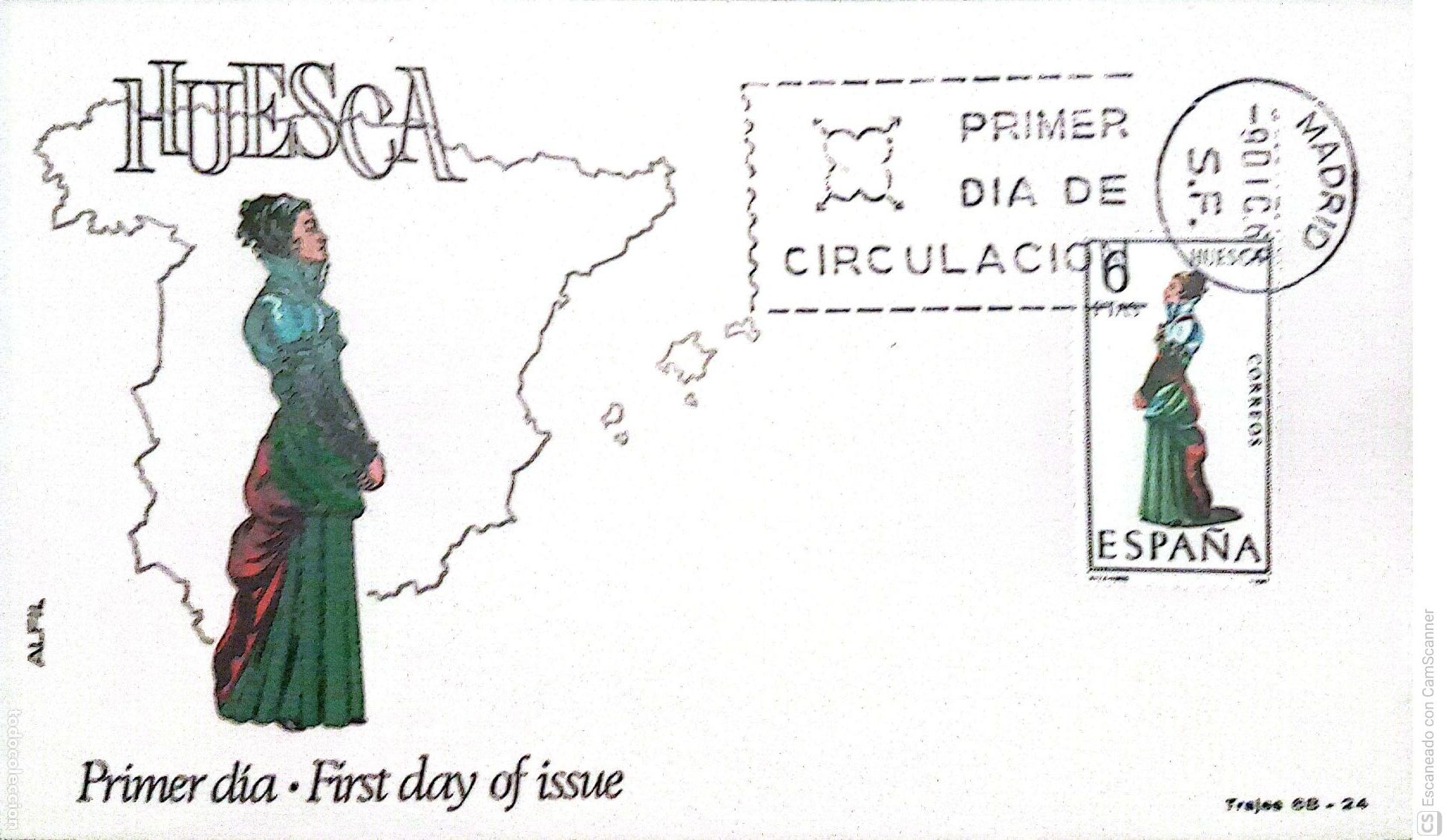 Sellos: Espa&ntilde;a. SPD 1850 Traje de Huesca. Matasello Primer D&iacute;a 9-Diciembre. 1968 Madrid. Numeraci&oacute;n Edifil.
