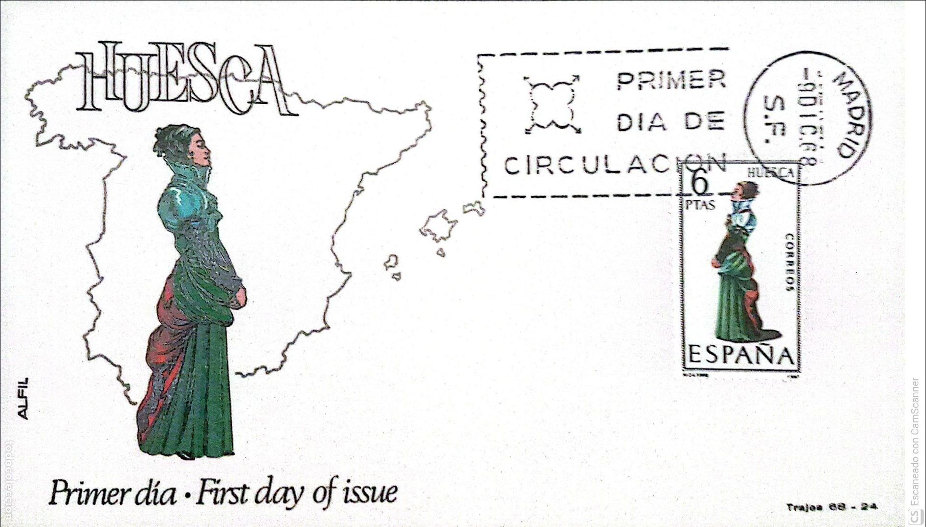 Sellos: Espa&ntilde;a. SPD 1850 Traje de Huesca. Matasello Primer D&iacute;a 9-Diciembre. 1968 Madrid. Numeraci&oacute;n Edifil.