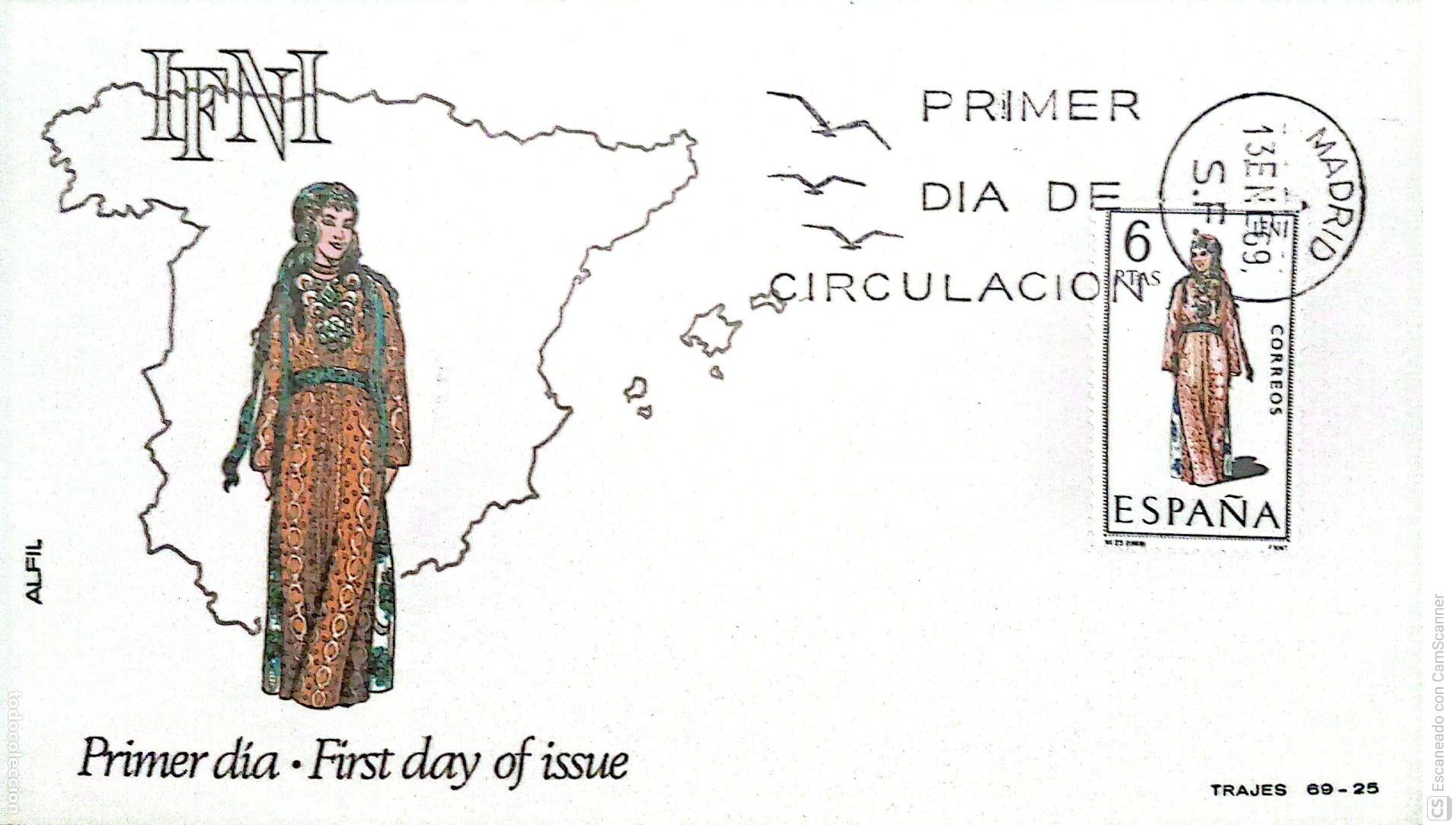 Sellos: Espa&ntilde;a. SPD 1898 Traje de Ifni. Matasello Primer D&iacute;a 13-Enero. 1969 Madrid. Numeraci&oacute;n Edifil.