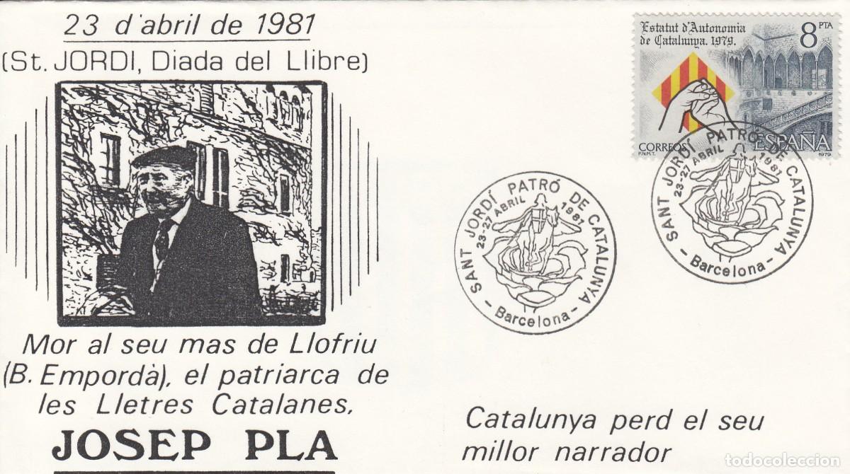 Sellos: MATASELLOS - SANT JORDI PATR&Oacute; DE CATALUNYA - SOBRE MUERTE DE JOSEP PL&Agrave; - 1981 - BARCELONA