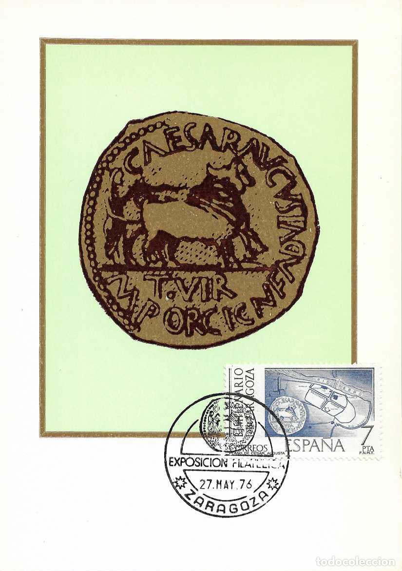 Sellos: ARQUEOLOGIA BIMILENARIO ZARAGOZA EXPOSICION, ZARAGOZA 1976 MATASELLOS EN TARJETA PLANO CIUDAD ROMANA