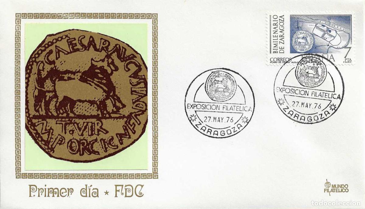 Sellos: ARQUEOLOGIA BIMILENARIO ZARAGOZA EXPOSICION ZARAGOZA 1976 MATASELLOS EN SOBRE MF PLANO CIUDAD ROMANA
