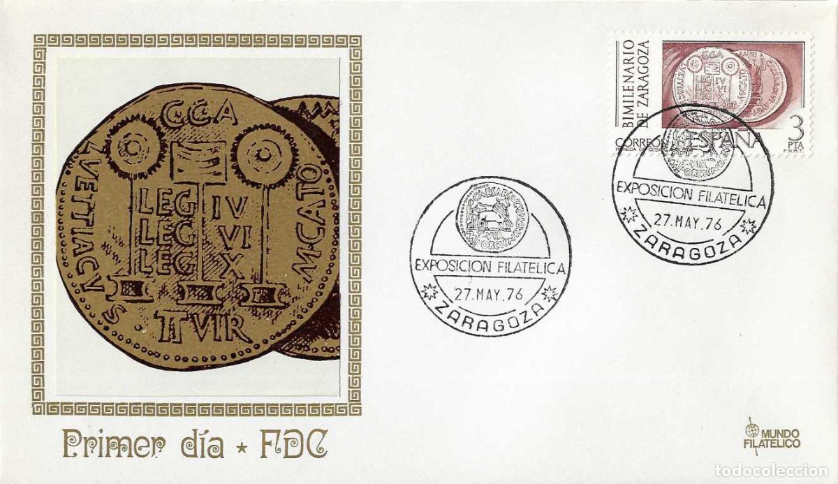 Sellos: ARQUEOLOGIA BIMILENARIO ZARAGOZA EXPOSICION ZARAGOZA 1976 MATASELLO EN SOBRE MF MONEDA CESAR AUGUSTO