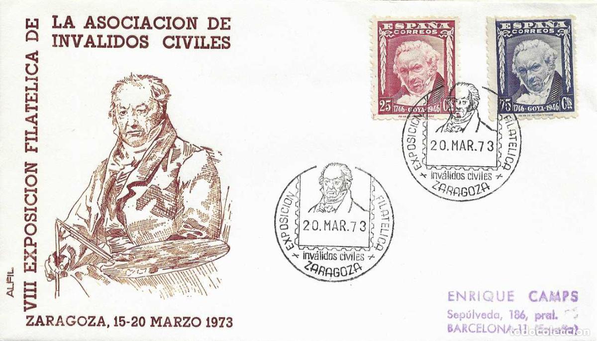 Sellos: PINTURA GOYA INVALIDOS CIVILES VIII EXPOSICION, ZARAGOZA 1973. MATASELLOS SOBRE ALFIL RARO FRANQUEO