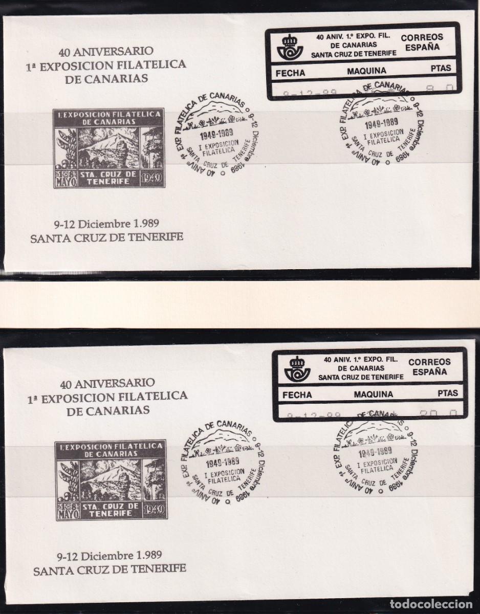 Sellos: 2 SOBRES CON ETIQUETAS DE EXP. FILATELICA DE CANARIAS DEL A&Ntilde;O 1989 CON MATASELLOS CONMEMORATIVOS