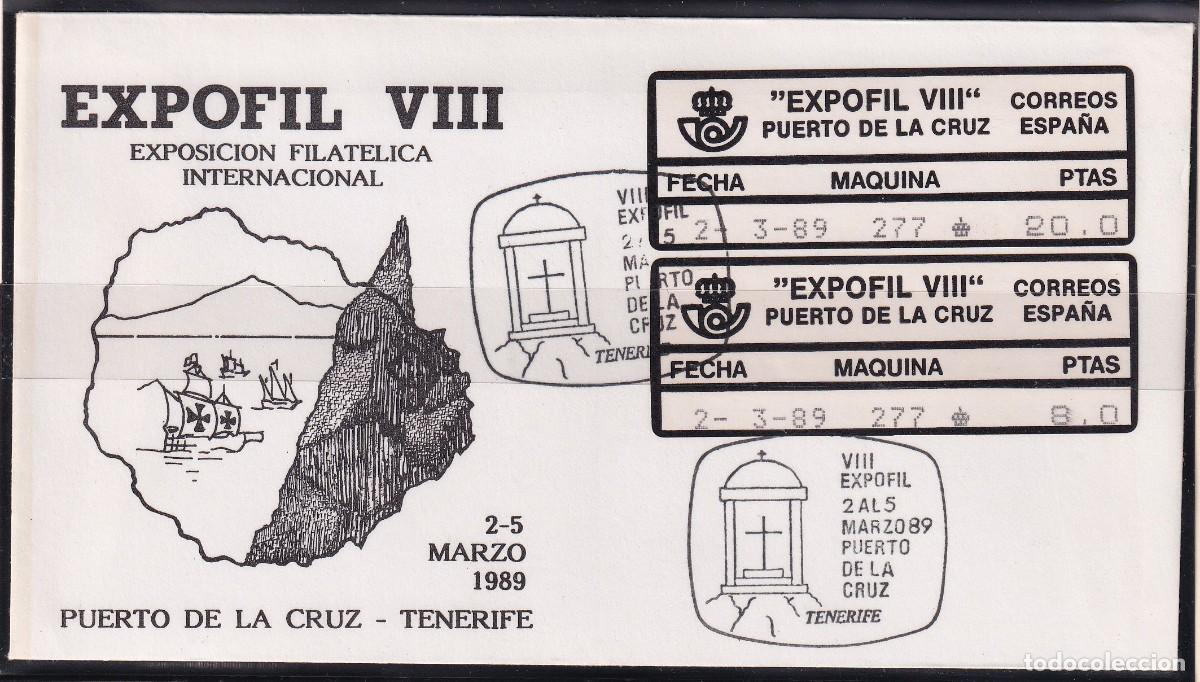 Sellos: SOBRE CON ETIQUETAS DE EXPOFIL VIII PUERTO DE LA CRUZ DEL A&Ntilde;O 1989 CON MATASELLOS CONMEMORATIVOS