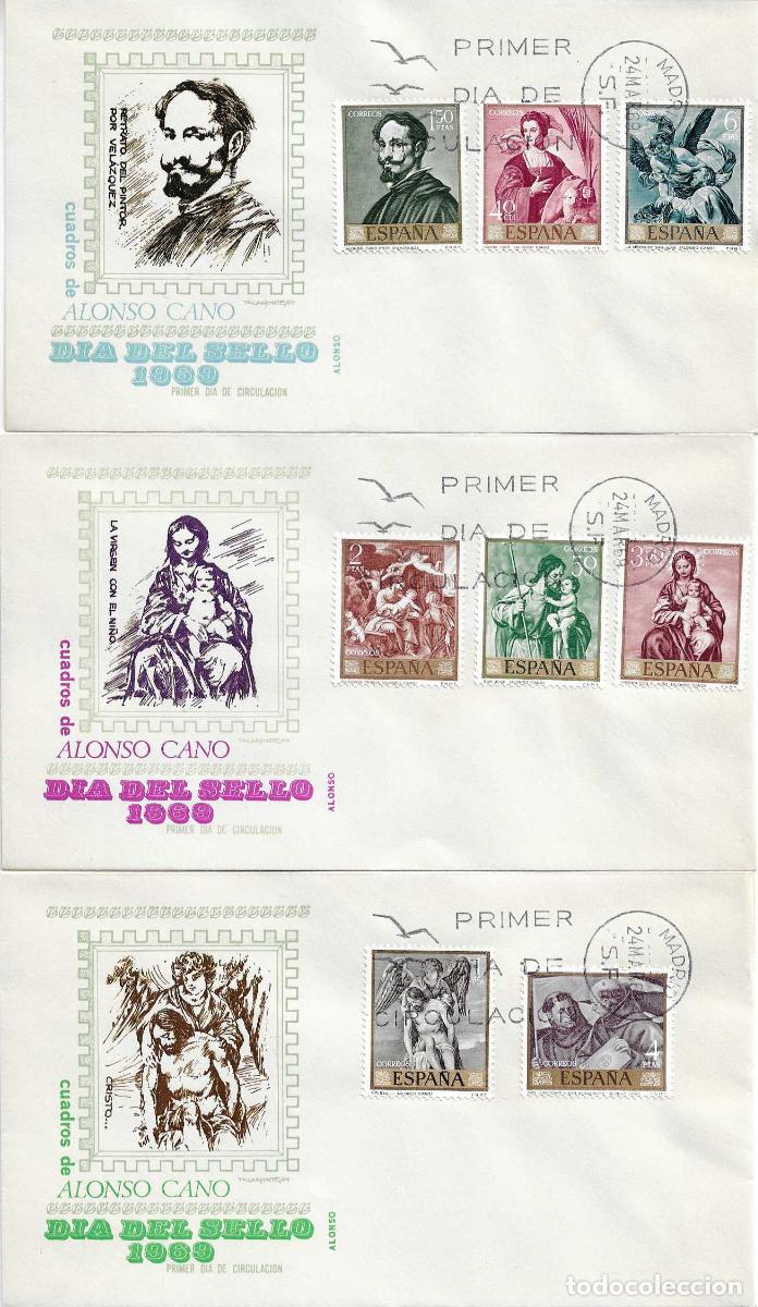 Sellos: PINTURA ALONSO CANO 1969 (EDIFIL 1910/19) EN CUATRO SOBRES PRIMER DIA DE ALONSO BONITOS Y RAROS ASI