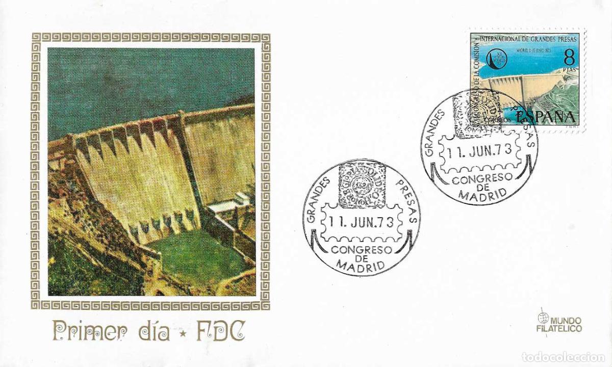Sellos: IZNAJAR GRANDES PRESAS XI CONGRESO COMISION, MADRID 1973. RARO MATASELLOS EN SOBRE MUNDO FILATELICO