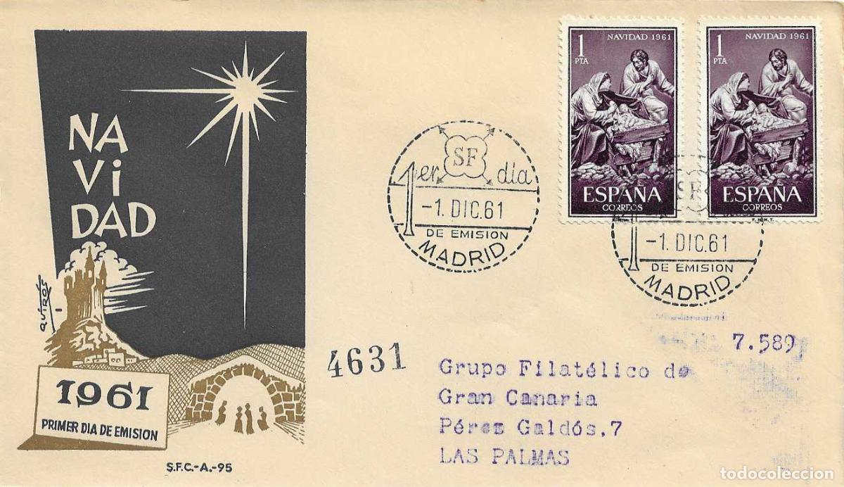 Sellos: NAVIDAD 1961 LA SAGRADA FAMILIA (EDIFIL 1400 DOS SELLOS) SPD CIRCULADO SERVICIO FILATELICO RELIGION