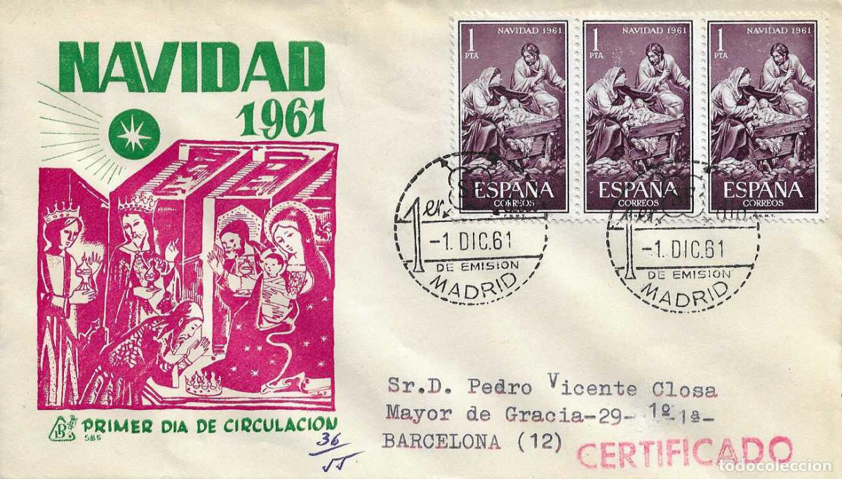Sellos: NAVIDAD 1961 LA SAGRADA FAMILIA (EDIFIL 1400 TRES SELLOS) SPD CIRCULADO DP RELIGION REYES MAGOS RARO