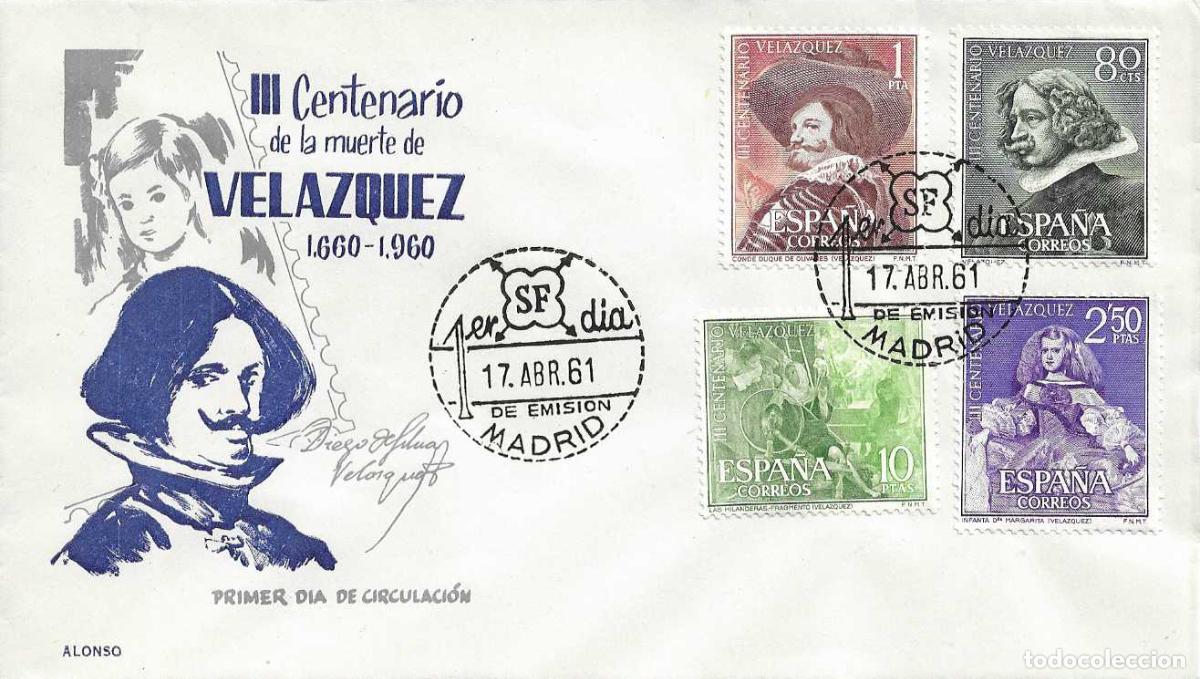 Sellos: PINTURA VELAZQUEZ III CENTENARIO 1961 (EDIFIL 1340/43) EN SOBRE PRIMER DIA DE ALONSO RARO ASI