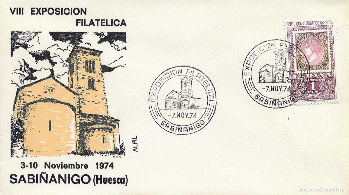 Sellos: LASIESO (HUESCA) IGLESIA DE SAN PEDRO EXPOSICION, SABI&Ntilde;ANIGO 7 NOVIEMBRE 1974. MATASELLOS EN SOBRE D