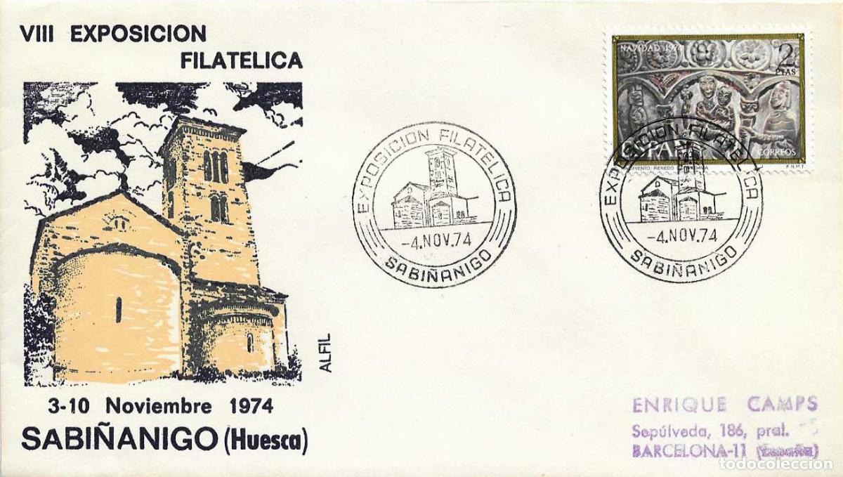 Sellos: LASIESO (HUESCA) IGLESIA DE SAN PEDRO EXPOSICION, SABI&Ntilde;ANIGO 4 NOVIEMBRE 1974. MATASELLOS EN SOBRE D