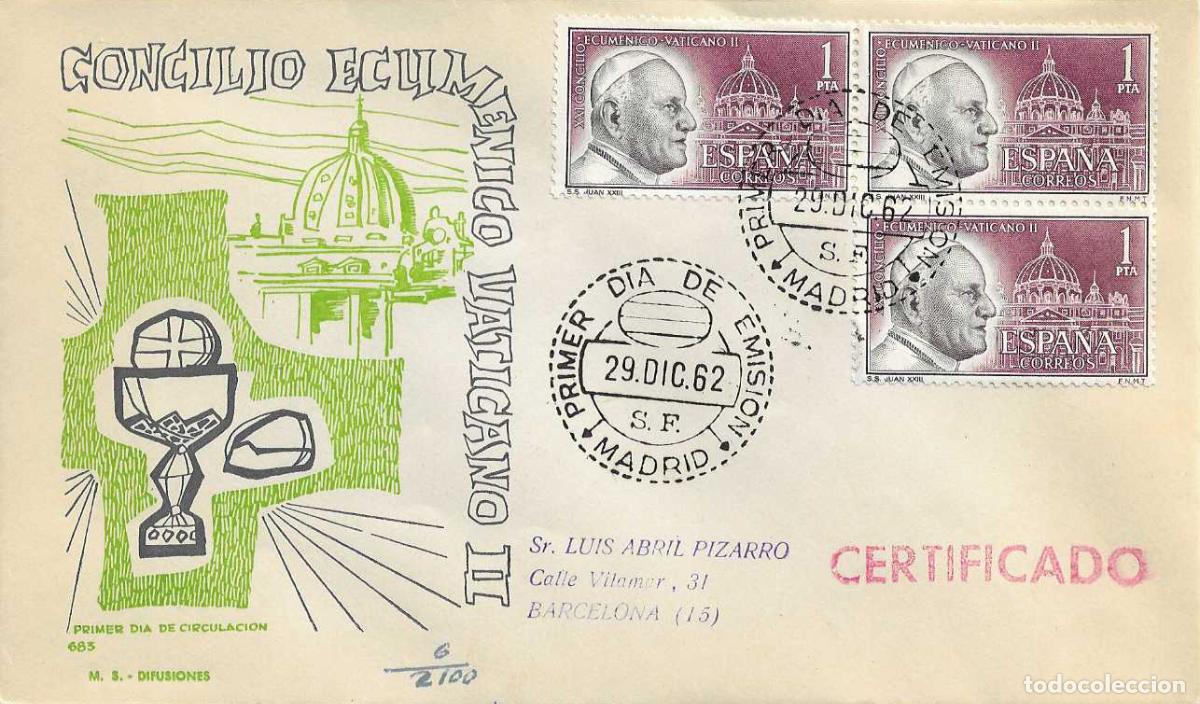 Sellos: PAPA JUAN XXIII CONCILIO ECUMENICO VATICANO II 1962 (EDIFIL 1480 TRES SELLOS) SPD CIRCULADO MS RARO
