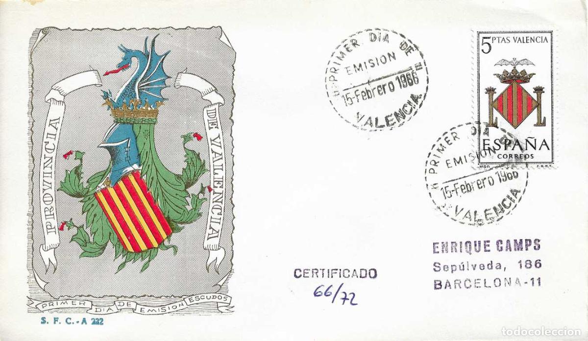 Timbres: MUY RARO ESCUDO VALENCIA 1966 MATASELLOS PROVINCIA (EDIFIL 1697) SPD CIRCULADO SERVICIO FILATELICO