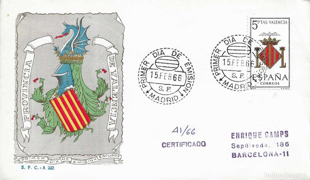 Stamps: MUY RARO ESCUDO VALENCIA 1966 MATASELLOS MADRID (EDIFIL 1697) SPD CIRCULADO DEL SERVICIO FILATELICO