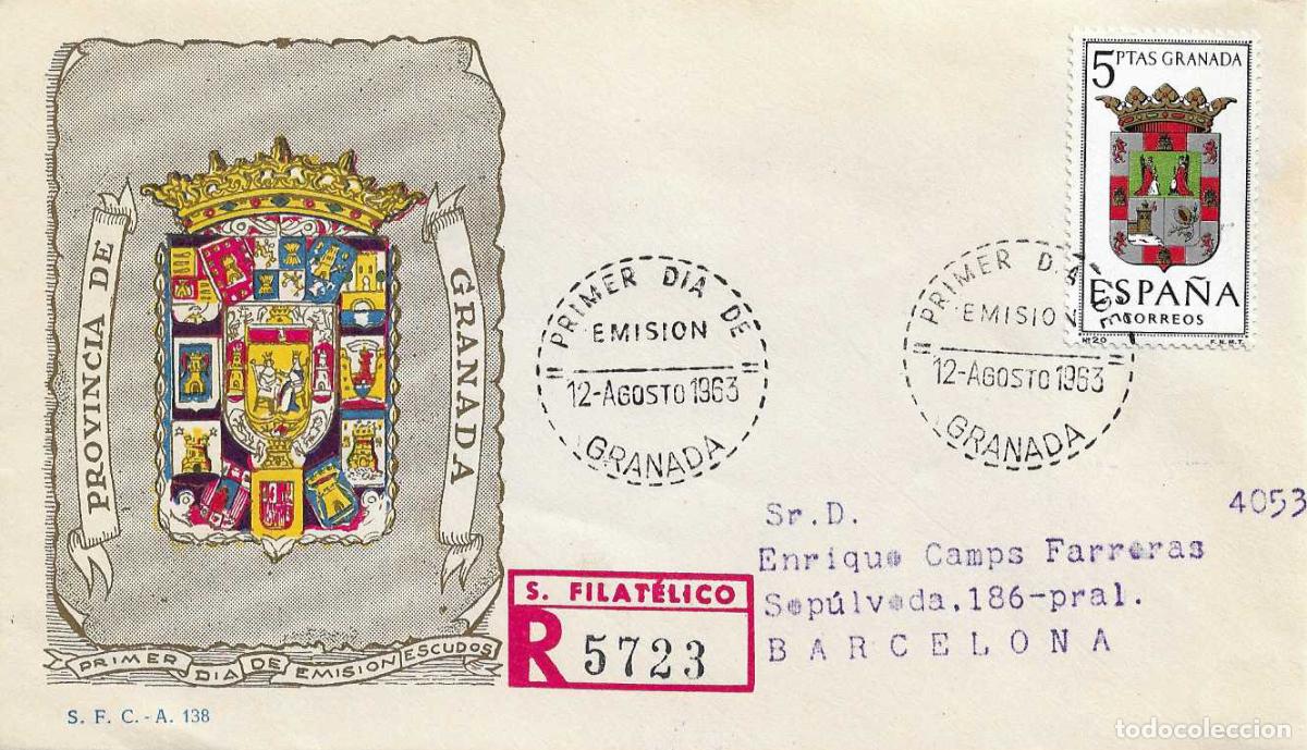 Briefmarken: ESCUDO DE GRANADA 1963 MATASELLOS PROVINCIA (EDIFIL 1488) EN SPD CIRCULADO DEL SERVICIO FILATELICO