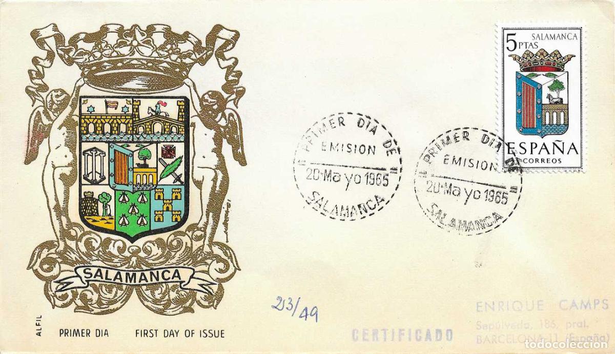 Briefmarken: ESCUDO DE SALAMANCA 1965 MATASELLOS PROVINCIA (EDIFIL 1635) EN SPD CIRCULADO DE ALFIL RARO ASI VER